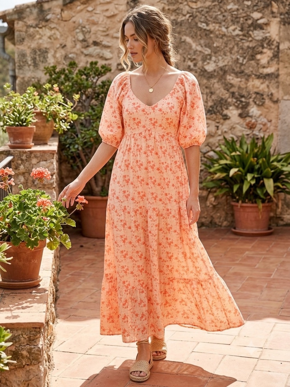 Polagram Cotton Peach & Coral Floral Tiered Maxi Dress